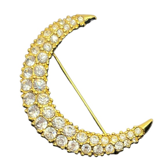 Swarovski gold tone clear rhinestone crescent moon brooch pin